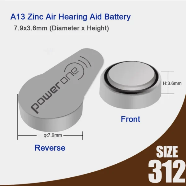 60 PCS Power One Zinc Air Hearing Aid Batteries for ITC CIC 312 312A A312 PR41 Hearing Aid Battery - Image 2