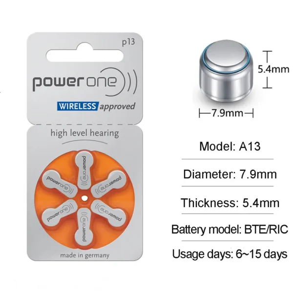 60 PCS Power One Size 13 A13 Zinc Air Hearing Aid Batteries for BTE ITE Hearing Aids - Image 2